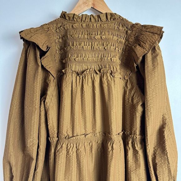 SEA Sevyn Seersucker Dress Size Large Long Sleeve Tobacco Brown Ruffle - Picture 12 of 16